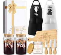 Singhoow 12 Pcs Wedding Gifts for Couple Mr Mrs Glass Cups Aprons Charcuterie Board Candle Butter Knife Box Gifts Set for Bridal Shower Engagement Anniversary Newlywed Bride Groom His and Her Gifts