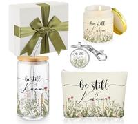 Singhoow 5 Pcs Christian Gifts for Women Be Still and Know Religious Gifts 16oz Christian Glass Cup with Lid Inspirational Keychain Prayer Candle Bible Verse Cosmetic Bag for Mom Pastor Wife (Flowers)