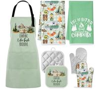 Singhoow 7 Pcs Camping Kitchen Gift 1 Apron with Pockets 2 Dish Towels Tea Towels 2 Oven Mitts 2 Pot Holders Bonfire Tent Car Camping Kitchen Accessories Decor for Cooking Baking RV Campers