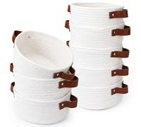 Singhoow 8 Pack Small Woven Baskets with Leather Handles, Cotton Rope Storage Bins, Tiny Decorative Boho Cubes Gift Baskets Organizer, 7.8" x 7.8" x 3.9" Nursery for Shelves, Closet, Bathroom, Toys