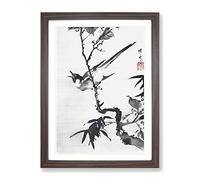 Singing Bird On A Branch By Kawanabe Kyosai Asian Japanese Framed Wall Art Print, Ready to Hang Picture for Living Room Bedroom Home Office Décor, Walnut A3 (34 x 46 cm)