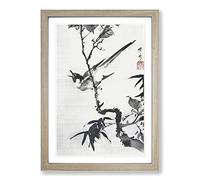 Singing Bird on a Branch by Kawanabe Kyosai Framed Print | A2 Oak Framed Wall Art | Ready to Hang | Modern Nature Picture | Living Room Bedroom Lounge Office