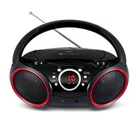 SINGING WOOD 030C Portable CD Player Boombox with AM FM Stereo Radio, Aux Line in, Headphone Jack, Supported AC or Battery Powered (Black with a Touch of Red Rims)