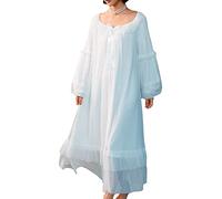 SINGINGQWEEN Women's Nightgown Vintage Victorian Long Sleeve Nightgown Sheer Sleepwear, Blue, L
