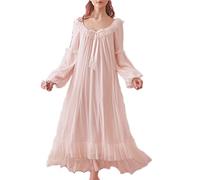SINGINGQWEEN Women's Vintage Victorian Nightgown Long Sleeve Sheer Sleepwear Pajamas Lace Nightwear Robe - Pink -
