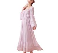 SINGINGQWEEN Women's Vintage Victorian Nightgown Long Sleeve Sheer Sleepwear Pajamas Nightwear Lounge Dress, Purple, L