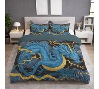 Single (135 x 200),Blue Luxury Bedding Sets Duvet Cover with Pillowcase Soft, Fluffy, Breathable, No Ball, Bedding for Kids and Adults - Cartoon Dragon Lightning Clouds