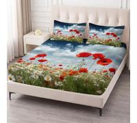 Single 3-Piece Bed Sheet Set Pastoral Nature Landscape 30cm Deep Pocket Soft Breathable & Hypoallergenic Microfiber Flat & Fitted Sheet with 2 Pillowcases Wildflowers Meadow Blue Sky Clouds