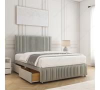 (Single-3ft (No Drawers), Silver Plush) DOUBLE DIVAN STORAGE BED 26"PLUSH VELVET HEADBOARD + ORTHOPAEDIC MATTRESS
