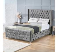 (Single-3ft (With Gas Lift), Grey Plush) Plush Velvet Double Chesterfield Bed Frame Includes Mattress With Ottoman GasLift