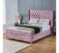 (Single-3ft (With Gas Lift), Pink Plush) Plush Velvet Double Chesterfield Bed Frame Includes Mattress With Ottoman GasLift