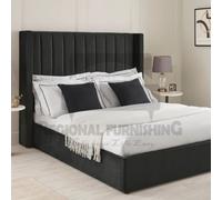 (Single-3ft (Without Gaslift), Pink Plush) OTTOMAN WINGED PANEL BED FRAME UPHOSLESTERED VELVET 48" HEADBOARD GASLIFT (ONLY BED)