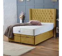 (Single-3ft (Without Mattress), Mustard Plush) DOUBLE DIVAN OTTOMAN BED END LIFT UP STORAGE BED CHESTERFIELD 54"HEADBOARD+MATTRESS