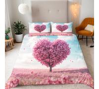 Single A Pink Heart-shaped Tree StandsA Sea Of Flowers Bedding Set Ultra-Soft Microfiber Duvet Cover Set 135x200cm+2 Pillowcases 50x75-Natural Scenery 3D Printed Design with Zip Closure & Corner Ties