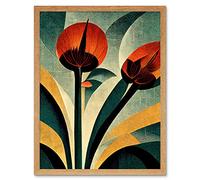 Single Art Deco Flower Painting Coral Navy Green Beige Art Print Framed Poster Wall Decor 12x16 inch