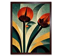 Single Art Deco Flower Painting Coral Navy Green Beige Art Print Framed Poster Wall Decor 12x16 inch