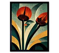 Wee Blue Coo Single Art Deco Flower Painting Coral Navy Green Beige Art Print Framed Poster Wall Decor 12x16 inch