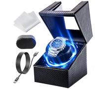 Single Automatic Watch Winder with LED Light, Watch Winders for 1 Watches with Quiet Motor, Soft Flexible Watch Pillow,5 Rotation Modes USB Cable(Black Red-LED Carbon Fiber）