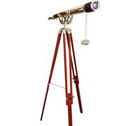 Single Barrel Shiny Brass Telescope Maritime Telescope Wooden Tripod Stand Adjustable Wooden Stand Vintage Floor Standing Telescope