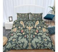 Single Bed Duvet Cover Set Single 53x79 inch William Morris Strawberry Thief Super Soft Lightweight Bedding Set with 2 Pillowcase, Zipper Closure Corner Ties-Soft Quilt Cover for Adults Kids, Green