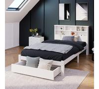 Single Bed Frame, White 3ft Wooden Storage Bed with Shelves and Underbed Drawer [EEK: A+++]