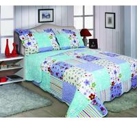 Single Bed Size Quilted Patchwork Design Bedspreads - Lily - Turquoise & Lilac - Floral (Single Bed 240cm x 180cm)