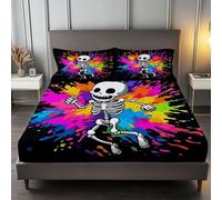 Single Bedding 30 cm Fitted Bed Sheets - Cartoon Colorful Skull Super Soft Deep Fitted Sheet Brushed Microfibre Anti Wrinkle Bedsheet Breathable & Fade Resistant (Black, 90x190 cm)
