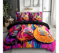 Single Bedding Duvet Cover Set with Pillowcases, Graffiti Music Guitar Bedding Sets Premium Brushed Microfiber Quilt Cover Easy Care Bed Linen Soft Cosy Bedroom Dorm Decor, Black