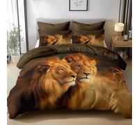 Single Bedding Duvet Cover Set with Pillowcases, Lions In Love Bedding Sets Premium Brushed Microfiber Quilt Cover Easy Care Bed Linen Soft Cosy Bedroom Dorm Decor, Brown