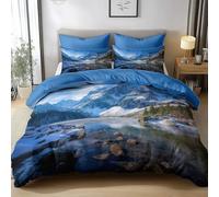 Single Bedding Set Natural Landscape Mountains Snow Rivers Breathable Duvet Cover Set, Blue Bedding Sets with 2 Pillowcases, Microfiber Quilt Cover with Hidden Zipper
