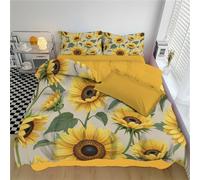 Single Bedding Set Sunflower Duvet Cover Set Breathable Hand-Painted Flower Fields Comforter Cover Reversible Quilt Cover Machine Washable Bed Set with Pillowcases, Yellow
