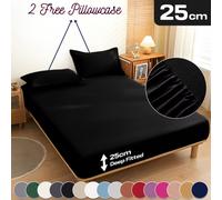 (Single, Black) 3 Piece Fitted Sheet Set Bed Sheets & Pillowcases