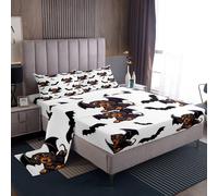 (Single, Black White Chocolate) Cute Cartoon Dog Sheet Set for Kids, Border Collie Bed Sheets Set for Boys Girls, Halloween Black Bats Sheets, Dog Animals Flat Fitted Sheet
