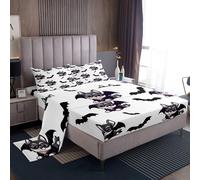 (Single, Black White Grey) Cute Cartoon Dog Sheet Set for Kids, Border Collie Bed Sheets Set for Boys Girls, Halloween Black Bats Sheets, Dog Animals Flat Fitted Sheet