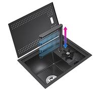 Single Bowl Black Hidden Sink in Kitchen Mini Sink At Bar Domestic Commercial Sink with Cup Washer Lifting Faucet Space Saving, Small Sink Convenient