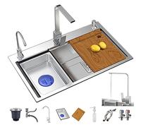 Single Bowl Kitchen Sink Set 68X46Cm Silver 3Mm Thick Big Space Multifunction Kitchen Sink Kit with Complete Accessories Drop-in Topmount or Undermount (F 10 Piece Set)/D/68 * 46Cm