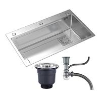 Single Bowl Kitchen Sink Set 68X46Cm Silver 3Mm Thick Big Space Multifunction Kitchen Sink Kit with Complete Accessories Drop-in Topmount or Undermount (F 10 Piece Set)/D/68 * 46Cm
