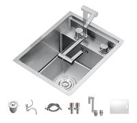 Single Bowl Stainless Steel Bar Invisible Sink Kitchen Concealed Single Bowl Sink Mini Dish Basin Small Sink With Cover, Folding Tap (Color : Silver, Size : 35 * 45 * 23cm)