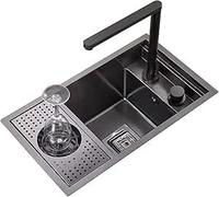 Single Bowl Stainless Steel Invisible Sink with Glass Washer Coffee Shop Restaurant Bar Concealed Sink with Cover, Lift Faucet Save Space (Color : Black, Size : 55 * 32 * 23cm)