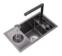 Single Bowl Stainless Steel Invisible Sink With Glass Washer Coffee Shop Restaurant Bar Concealed Sink RV Small Sink With Cover, Lift Faucet Save Space (Color : Black, Size : 60 * 40 * 23cm)
