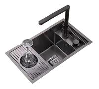 Single Bowl Stainless Steel Invisible Sink With Glass Washer Coffee Shop Restaurant Bar Concealed Sink RV Small Sink With Cover, Lift Faucet Save Space (Color : Black, Size : 55 * 32 * 23cm)