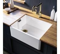 Single Bowl White Ceramic Belfast Kitchen Sink with Brushed Brass Kitchen Mixer Tap Set - Taylor & Moore