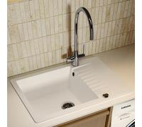Single Bowl White Inset Composite Kitchen Utility Sink and Reversible Drainer with Chrome Dual Lever Kitchen Tap Set - E