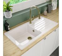 Single Bowl White Reversible Ceramic Inset Kitchen Sink with Brushed Brass Pull Out Mixer Tap Set - Taylor & Moore