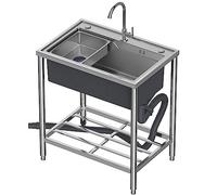 Single Bowl Workstation Sink Kitchen Sink, Stainless Steel Laundry and Utility Sinks, Free Standing Industrial Sink w/Storage Shelve for Laundry Outdoor Bar Home