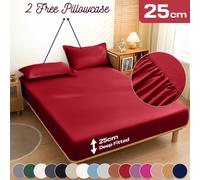 (Single, Burgundy/Red) 3 Piece Fitted Sheet Set Bed Sheets & Pillowcases