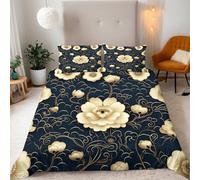 Single Classical Luxury Golden Flowers-L Bedding Set Ultra-Soft Microfiber Duvet Cover Set 3Pcs-135x200+2 Pillowcases 50x75-The Beauty Of Oriental Art 3D Printed Design with Zip Closure & Corner Ties