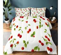 Single Coverless Duvet and Pillowcase Set Cartoon Fruit Cherry Pattern Print Quilt All Season, Reversible Bedding Comforter Sets - Machine Washable, Hypoallergenic, 135 x 200 cm, Red And Green
