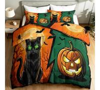 Single Coverless Duvet, Black Cat Full Moon Spider Bat Jack-O'-Lantern All Seasons Soft Warm Duvets, Gothic Lightweight Comfortable Comforter, Orange Green Reversible Washable Duvet, 135 x 200 cm