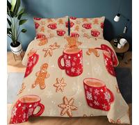 Single Coverless Duvet Set - 135 x 200 cm Comfortable Reversible Bedding Set, Christmas Mug Gingerbread Man Warm Duvet Set (1x Quilt, 2x Pillow Cases) Ultra-Soft Microfiber Beige Bedding